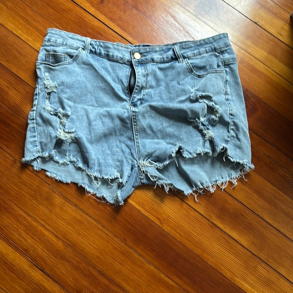 Blue Distressed Jean Shorts with Frayed Hem